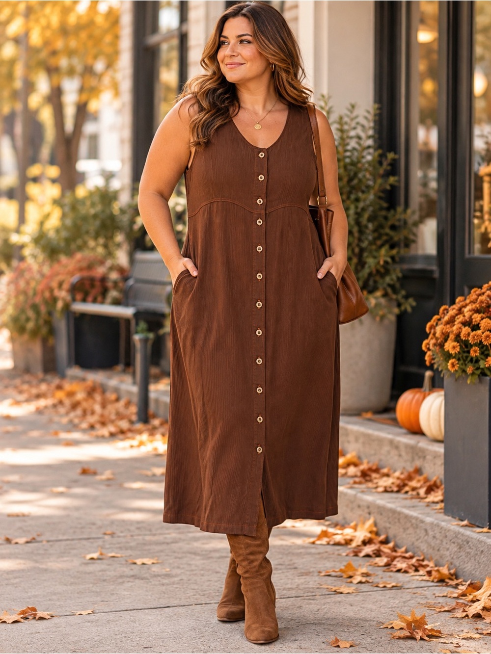 Vintage Company Collection Brown Ribbed Midi Dress Size 16 Button Front